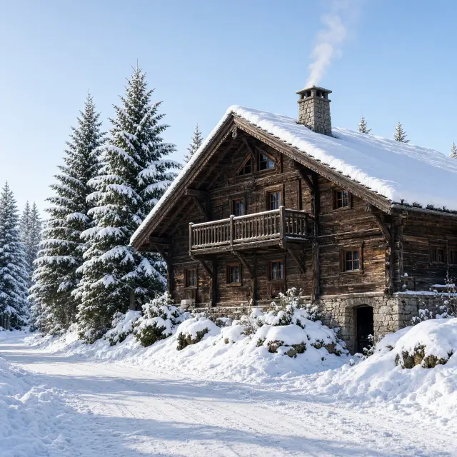 Besneeuwde pistes en houten chalets van Montchavin-Les Coches met uitzicht op de Alpentoppen van La Plagne