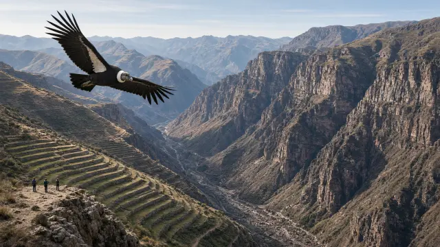 Een condor boven de diepe Colca Canyon met terrassen en kleine wandelaars op een uitkijkpunt