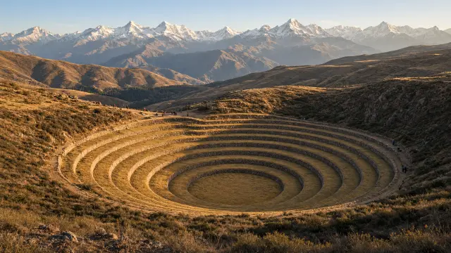 De cirkelvormige Inca-terrassen van Moray in de Heilige Vallei met kleine bezoekers op de rand