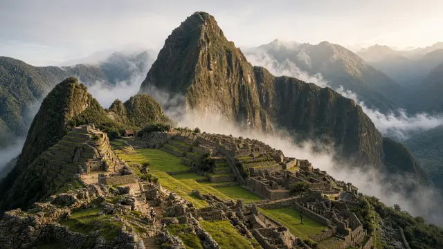 Machu Picchu in de ochtendnevel met de Huayna Picchu en kleine wandelaars op de terrassen