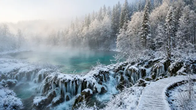 Bevroren watervallen en besneeuwde bomen bij de Plitvicemeren in Kroatië