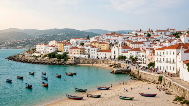 Kleine zandbaai met vissersboten en witte huizen in Cascais bij Lissabon