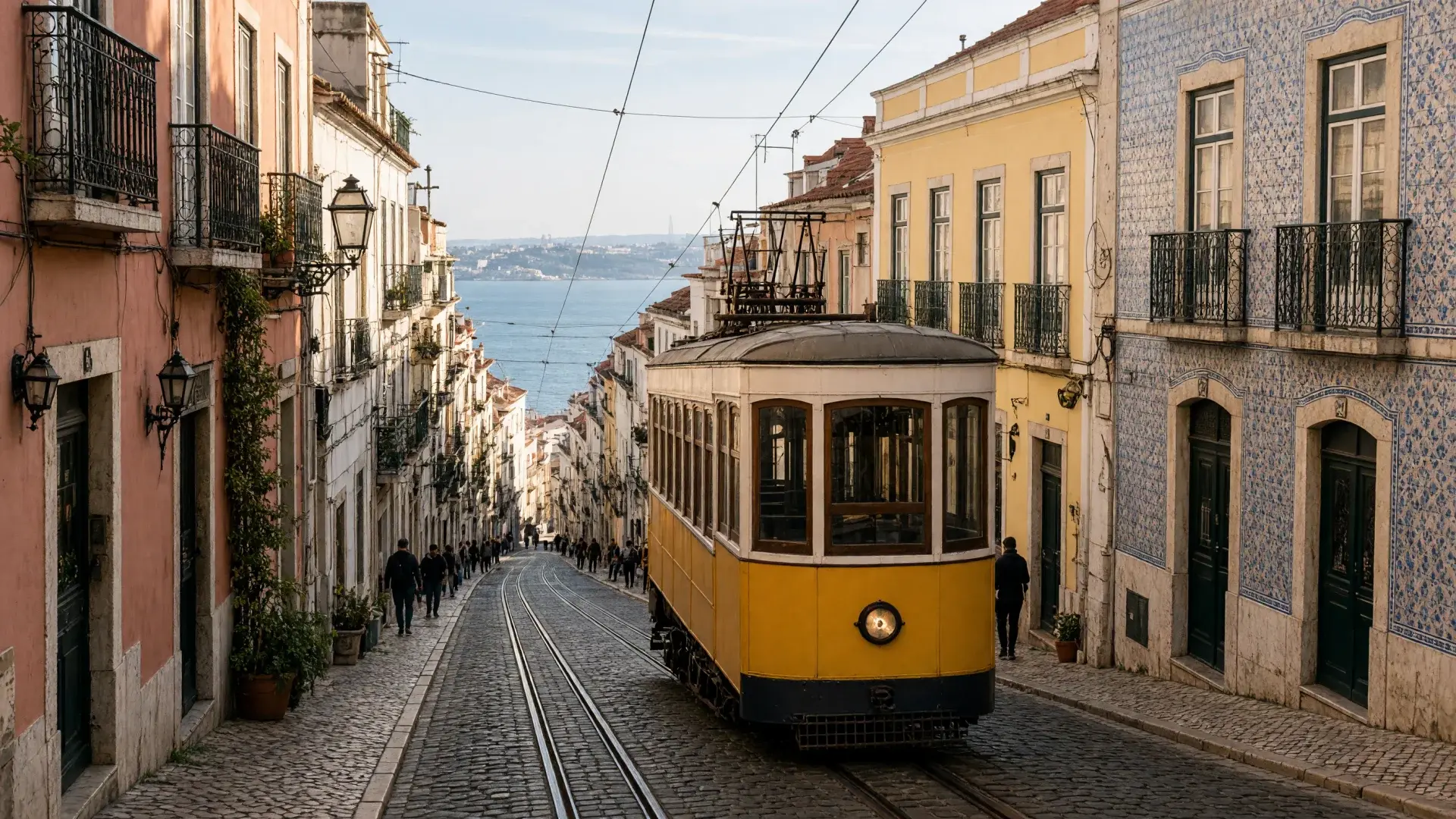 Gele historische tram in een steile straat in Lissabon