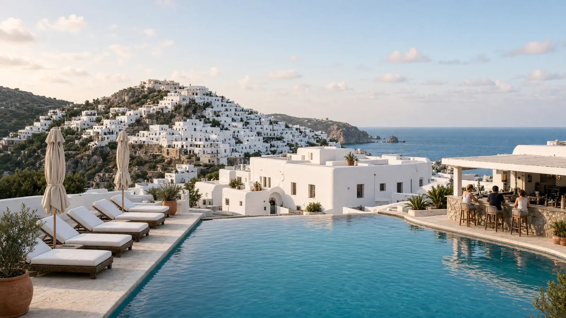 resortzwembad met zicht op de zee en een wit dorp op Rhodos