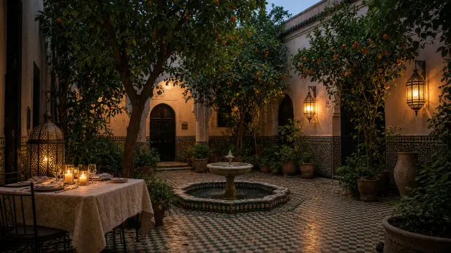 Binnenplaats van een riad in Marrakech met lantaarns