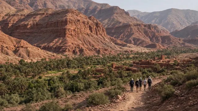 Een kleine groep reizigers met gids in de Dadesvallei met palmen en kasba's, Marokko
