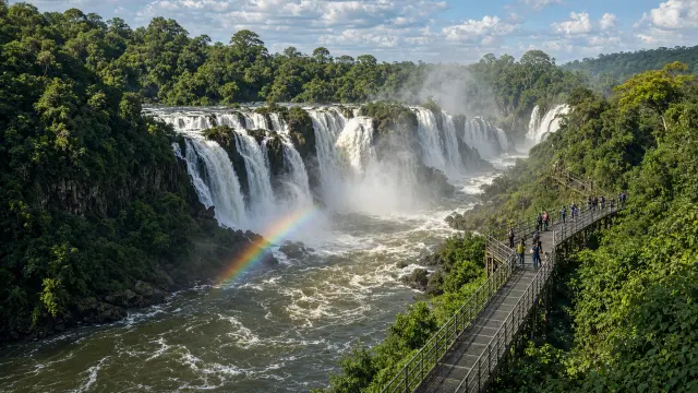 Bezoekers op een loopbrug bij de watervallen van Iguazú in het regenwoud