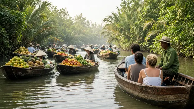 Reizigers in een boot op een drijvende markt in de Mekongdelta, Vietnam