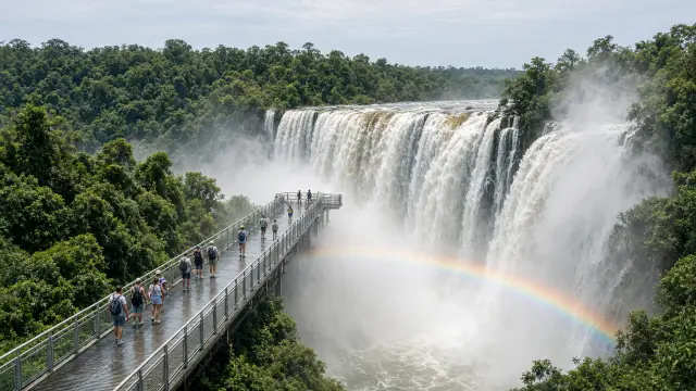 Reizigers op een loopbrug bij de watervallen van Iguaçu in het regenwoud van Brazilië