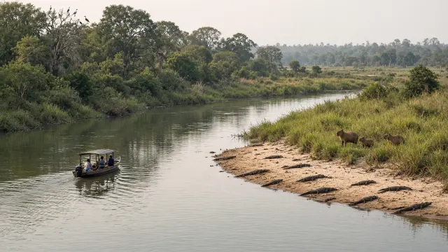 Bootje met reizigers op een rivier in de Pantanal, met kaaimannen en capibara’s op de oever