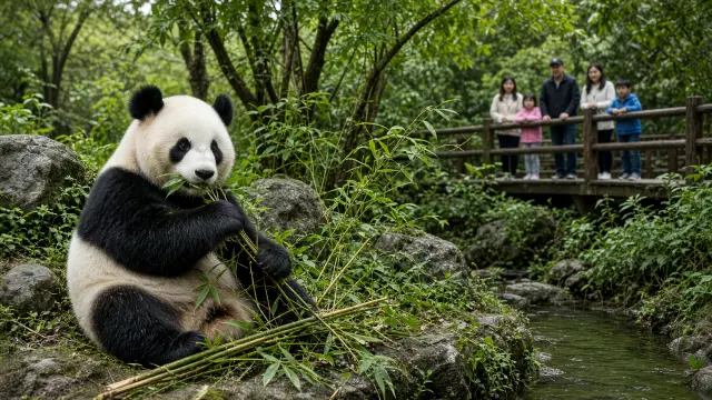 Reuzenpanda tussen het bamboe in het pandacentrum van Chengdu, met een gezin op het pad