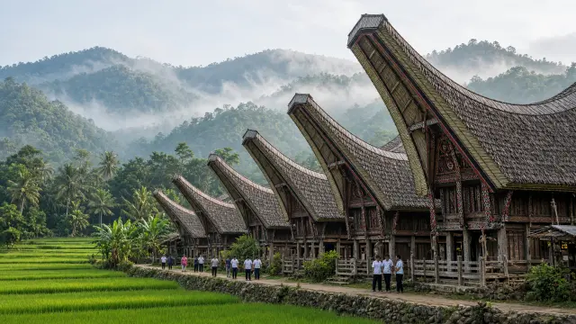 Traditionele Tongkonan-huizen met gebogen daken in Tana Toraja op Sulawesi, tussen rijstvelden