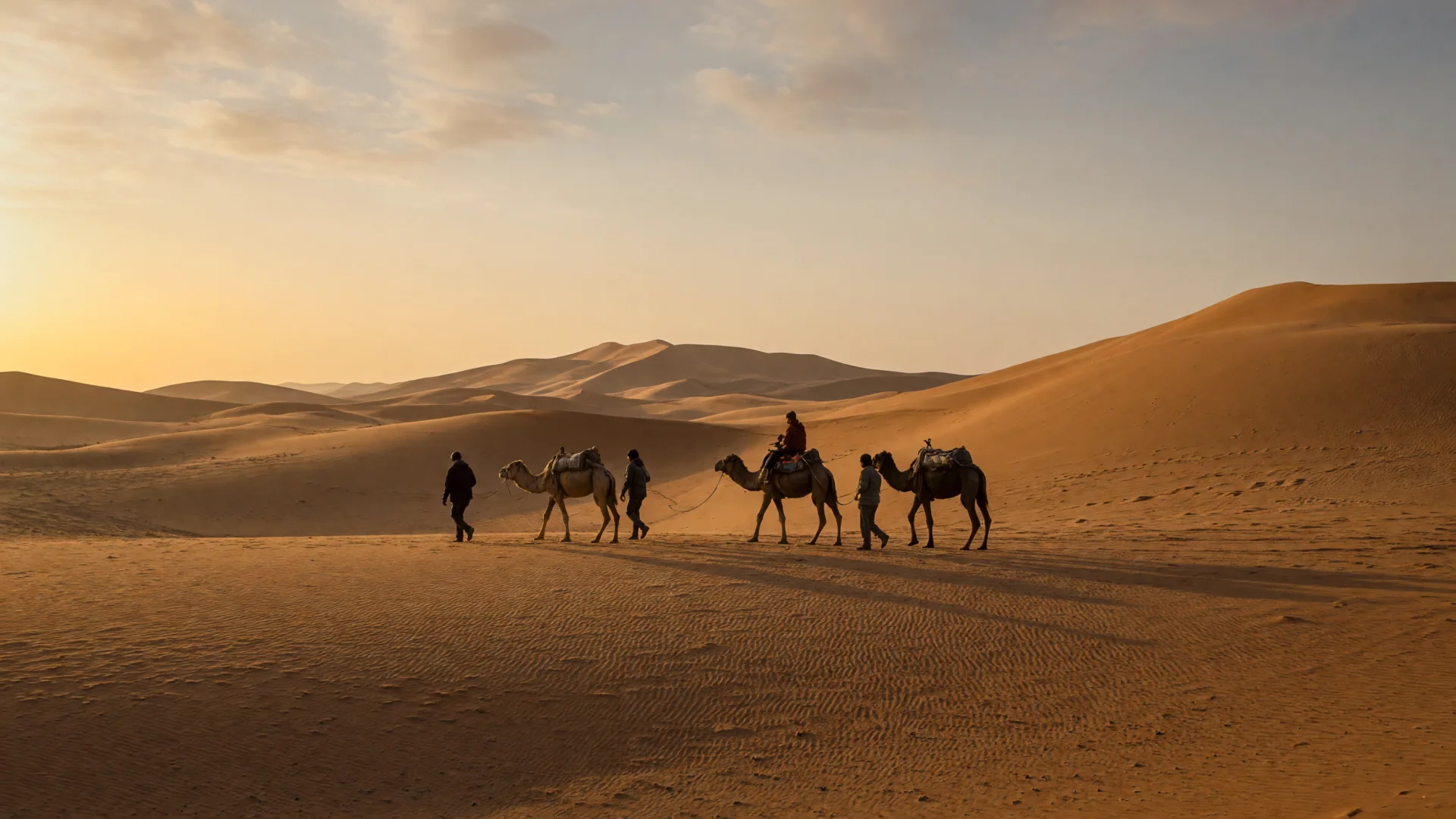 Reizigers met kamelen op de zandduinen van Erg Chebbi in de Sahara, Marokko