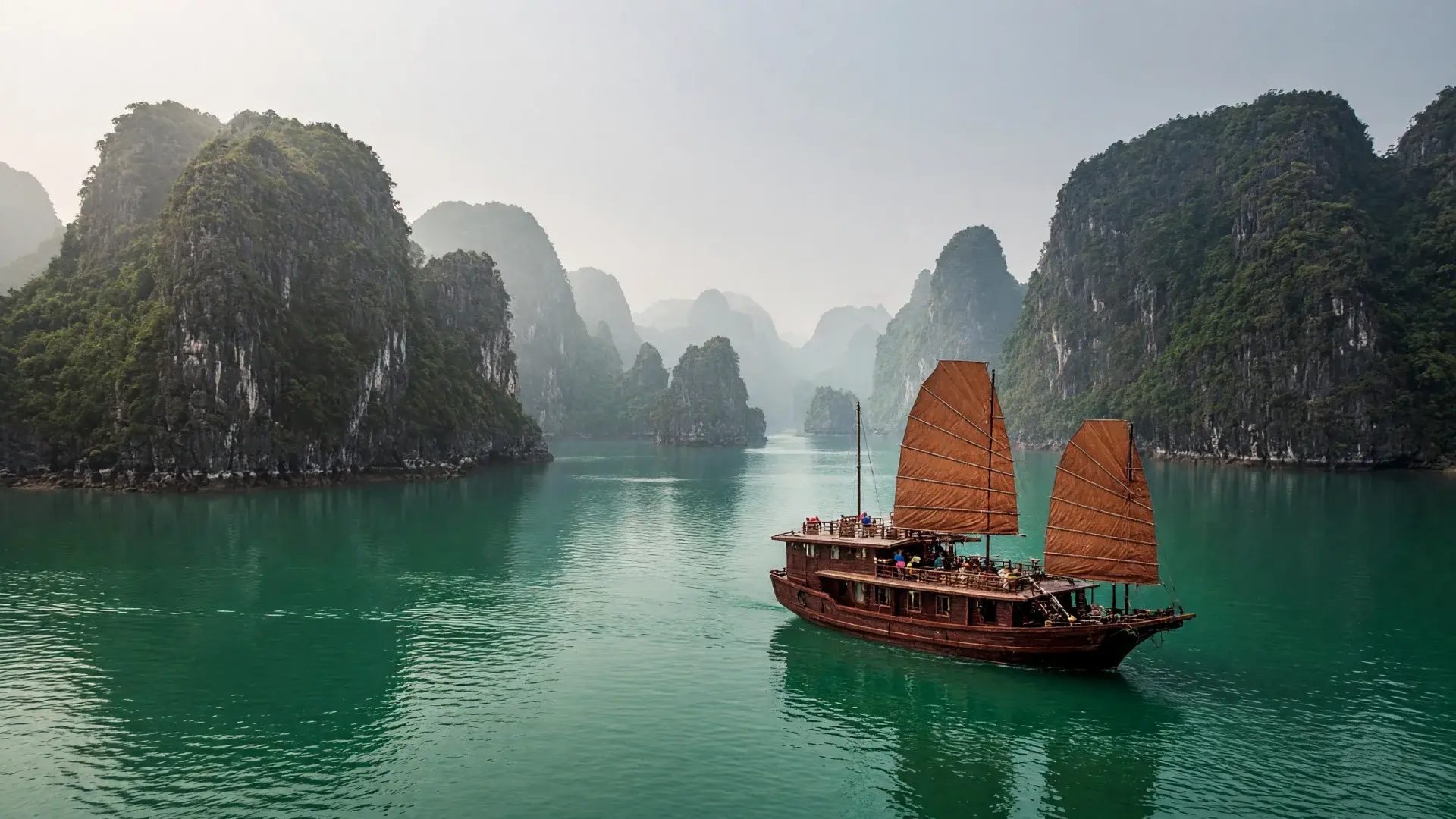 Een jonk tussen de kalksteeneilanden van Ha Long Bay, Vietnam
