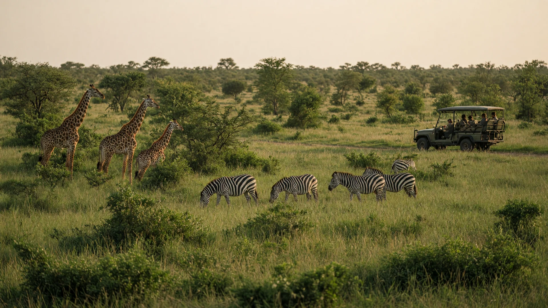 Giraffen en zebra's op de savanne van het Krugerpark, Zuid-Afrika