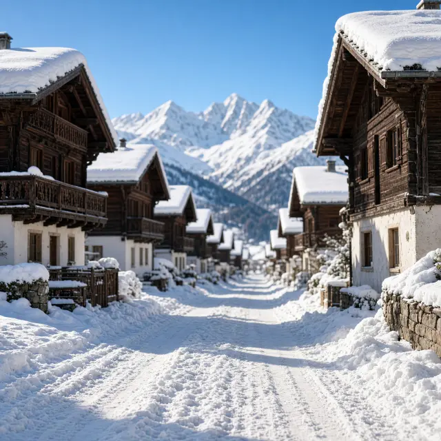 Klein authentiek Alpendorp Saas-Almagell met traditionele houten chalets en besneeuwde bergtoppen in de achtergrond