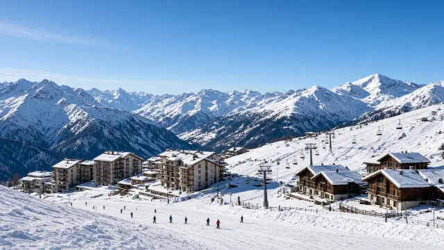 Skistation Saint-François-Longchamp op een zonnige helling in de Maurienne met stoeltjeslift en skiërs