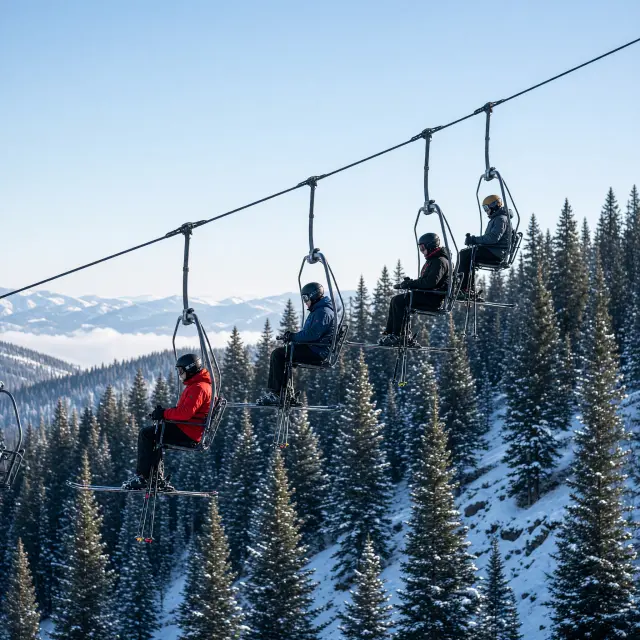 Skiers dalen af op een brede blauwe piste met bergtoppen en liften op de achtergrond