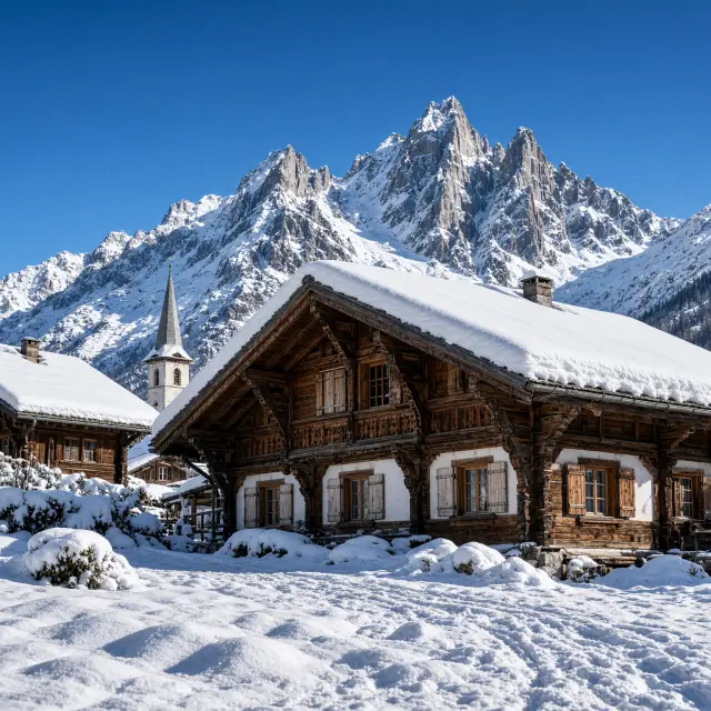 Houten Savoyaardse chalets in de sneeuw met de bergtoppen van de Aiguilles d'Arves op de achtergrond