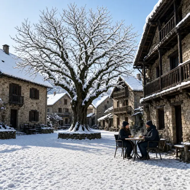 Stenen Savoyaardse huizen en de oude lindeboom op het dorpsplein van Samoëns in de bergen