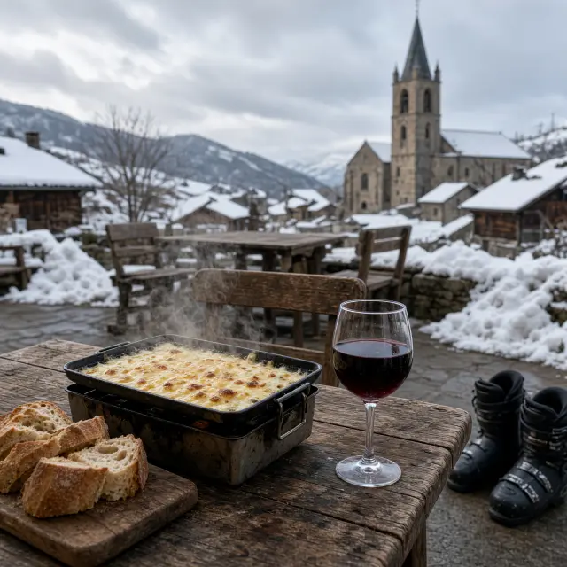 Gezellig terras met uitzicht op besneeuwde bergen in Samoëns na een dag skiën, met dampende bordjes tartiflette