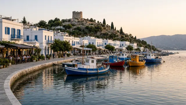 Haven van Pythagorion op Samos met tavernes, vissersbootjes en witte huizen met blauwe luiken