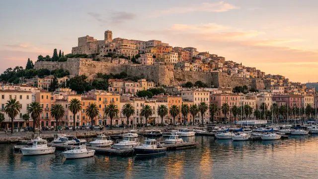 De oude wijk Castello van Cagliari boven de jachthaven