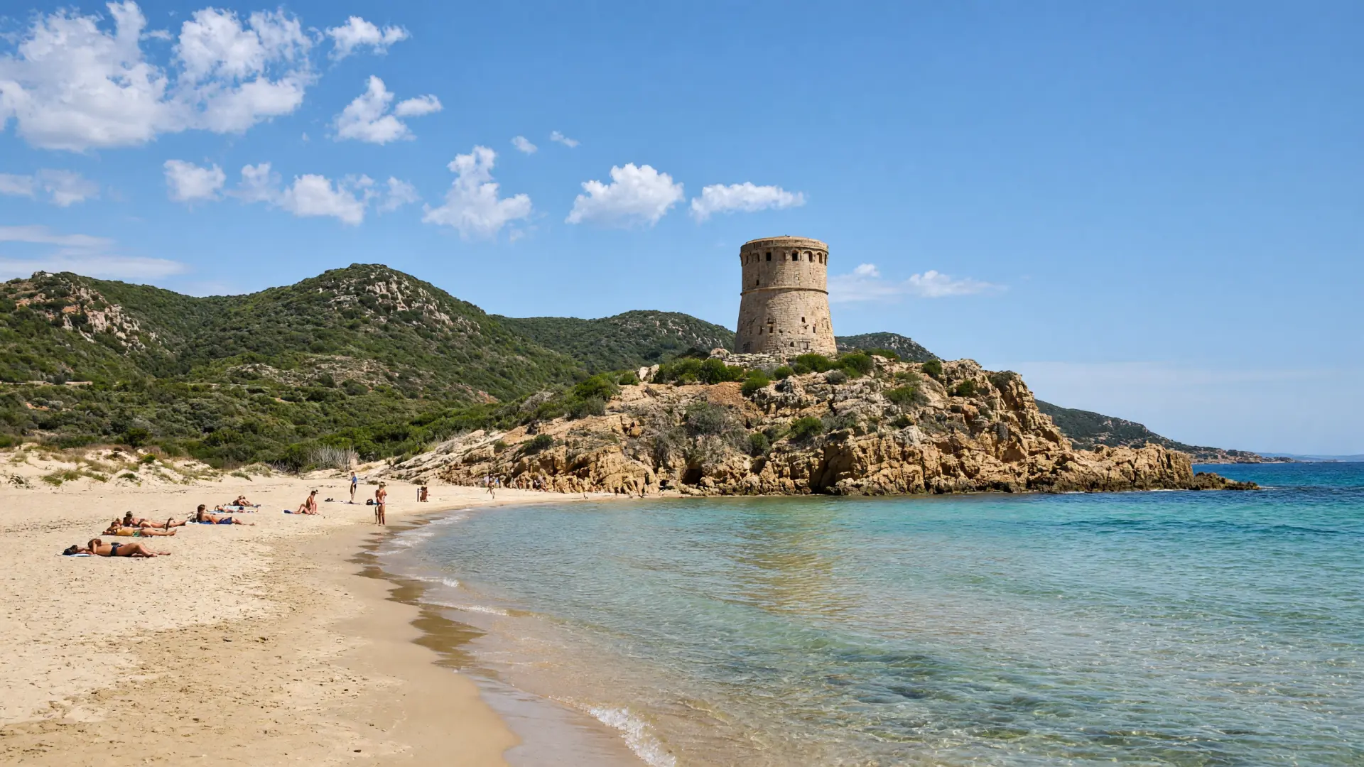 Zandstrand met een oude wachttoren bij Pula aan de zuidkust van Sardinië