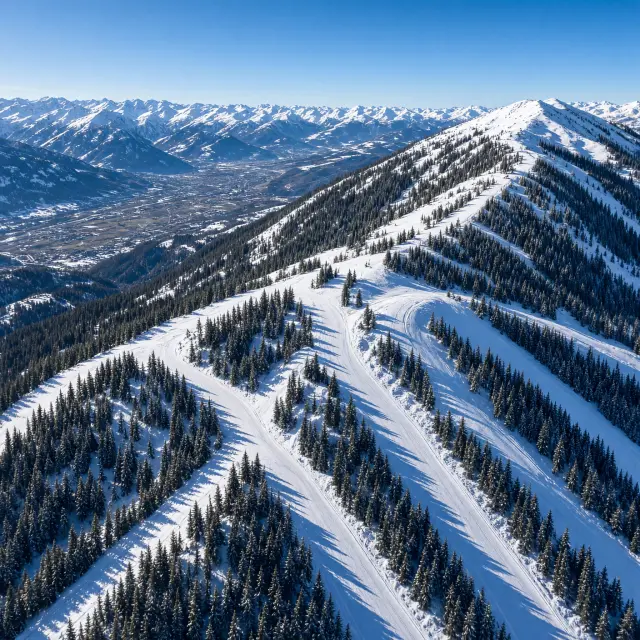 Skiërs dalen af over zonnige pistes van de Planai met uitzicht op het stadje Schladming in de vallei