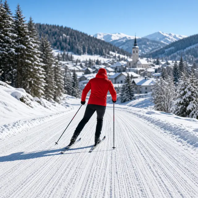 Gezellig voetgangersgebied in Tirools winterdorp met winkels, cafés en besneeuwde bergtoppen op de achtergrond