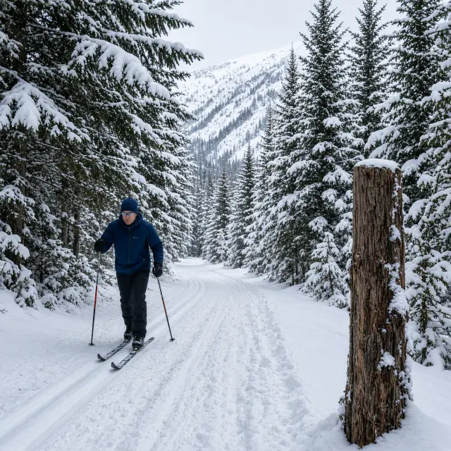 Authentiek Tiroler dorpsgezicht met langlaufloipes die door het winterlandschap van Scharnitz slingeren, met het Karwendelgebergte op de achtergrond