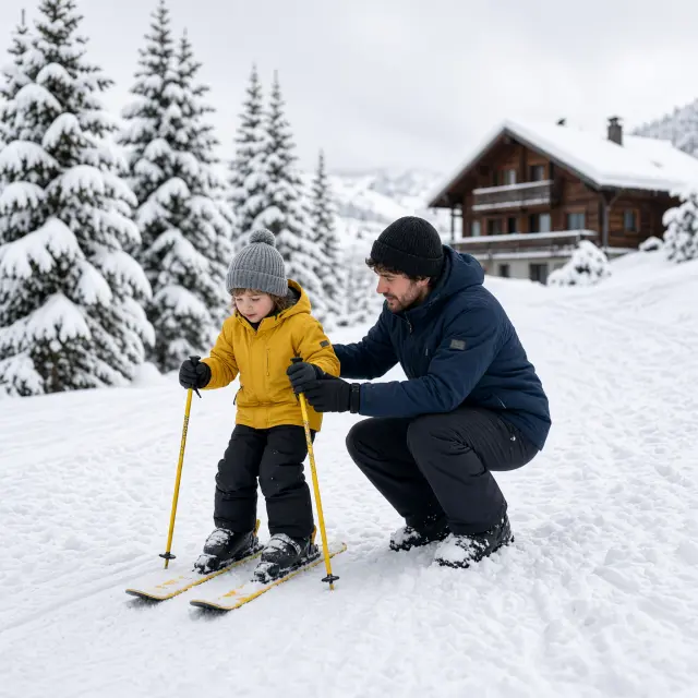 Rustiek Tirools dorp Leutasch met traditionele chalets tegen een achtergrond van besneeuwde bergtoppen en pijnbomen