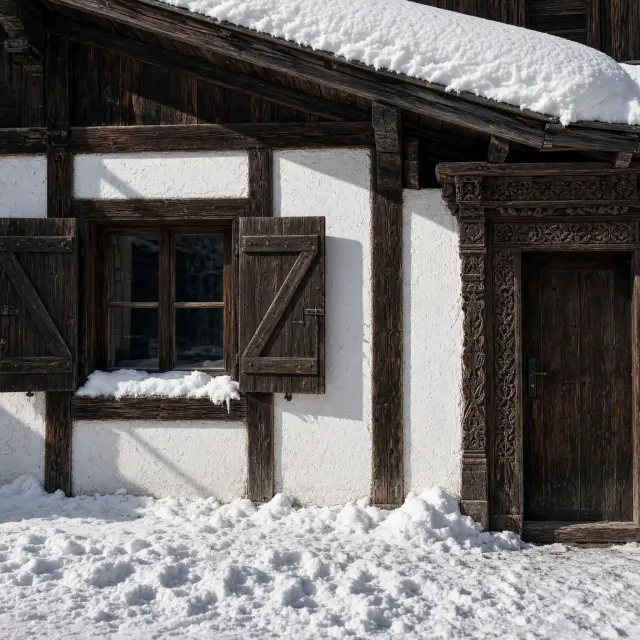 Klein Tirools bergdorp met traditionele houten chalets en kerkje in winterlandschap