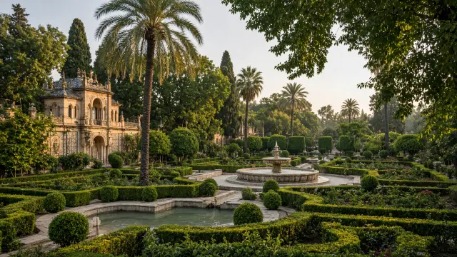 De tuinen van de Alcázar in Sevilla met gesnoeide heggen en fonteinen