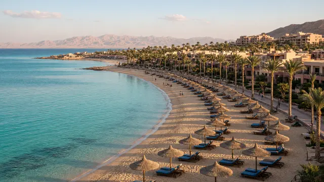 Zandstrand met parasols en een promenade met palmbomen in Naama Bay