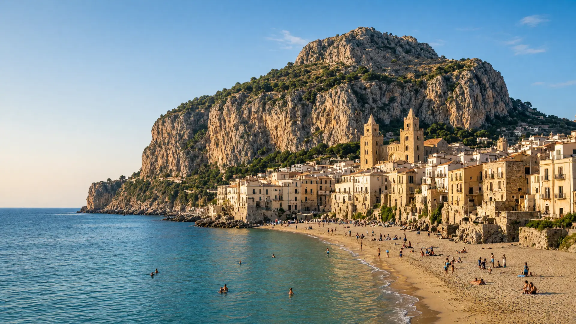 De oude stad en kathedraal van Cefalù aan het strand