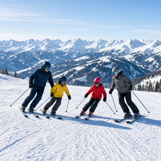Skiërs op brede blauwe piste in Wagrain met Flying Mozart gondel op achtergrond tijdens zonnige winterdag