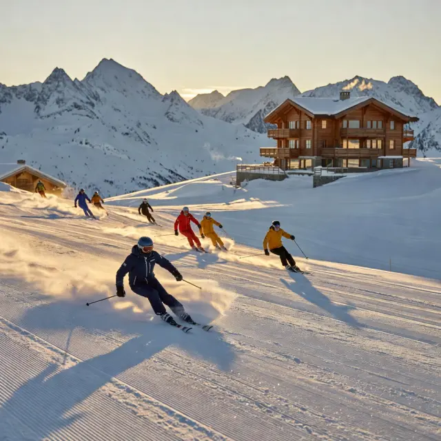 Panoramisch uitzicht op het chique skidorp Lech met traditionele chalets en besneeuwde bergtoppen onder blauwe hemel