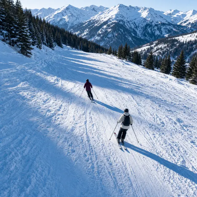 Panoramisch uitzicht op het chique skidorp Lech met traditionele chalets en besneeuwde bergtoppen onder blauwe hemel