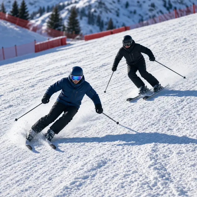 Bergstation met moderne gondel in alpendorp met sneeuw bedekte hellingen en skiërs op brede pistes in winters landschap