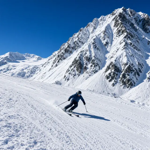 Skiërs op de besneeuwde hellingen van de Rettenbachgletsjer met panoramisch uitzicht over de Oostenrijkse Alpen