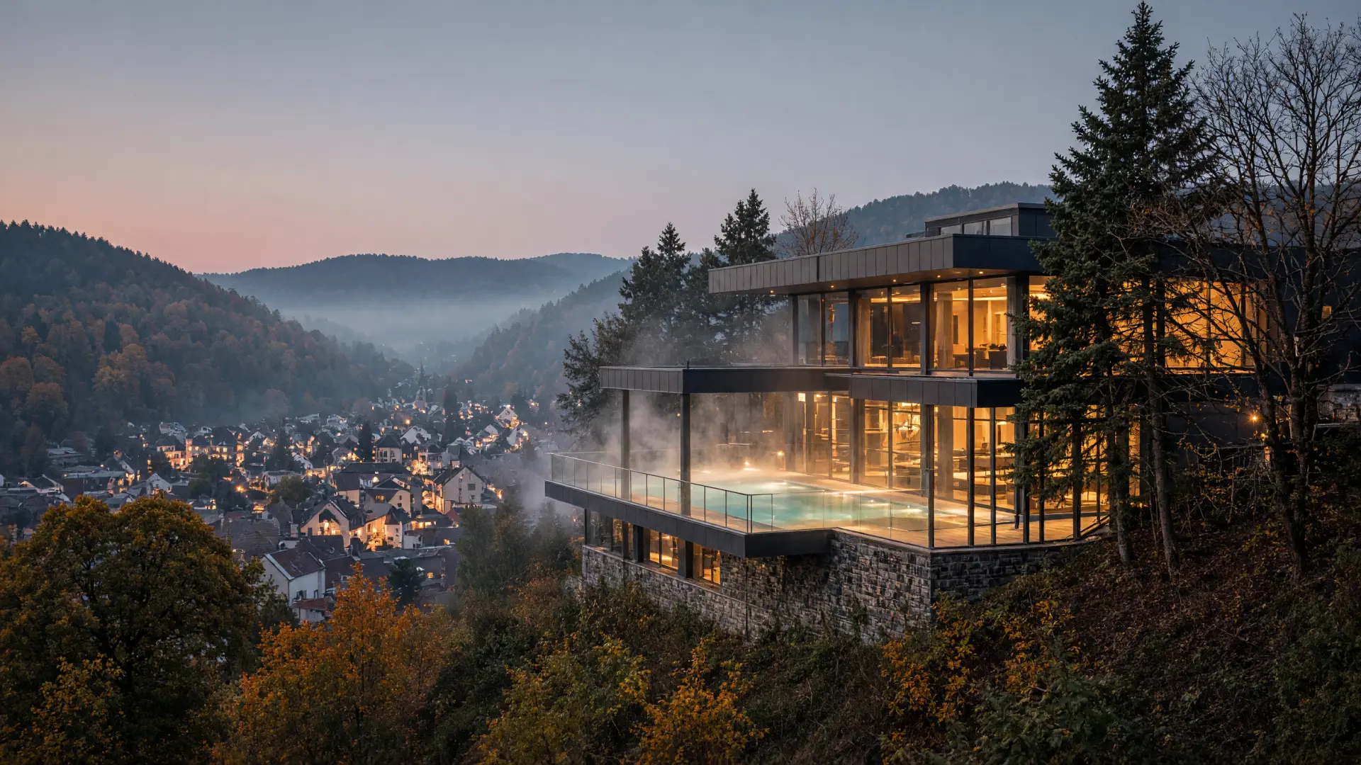 Thermaal complex op een beboste heuvel boven Spa bij valavond
