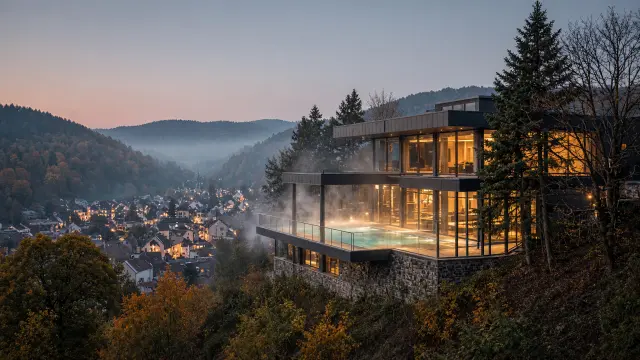 Thermaal complex op een beboste heuvel boven Spa bij valavond