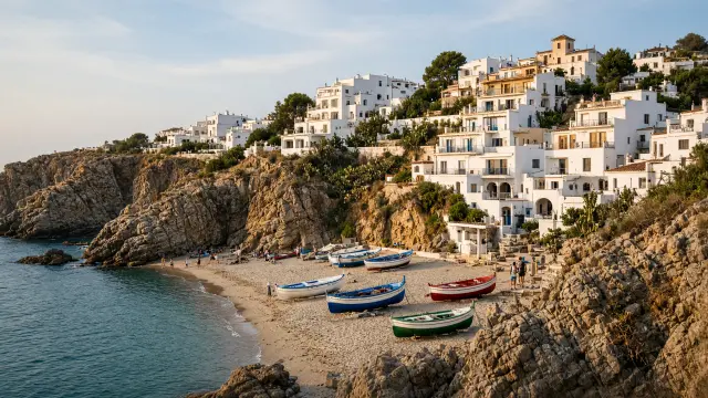 Kustdorp aan de Costa Brava met vissersbootjes op een klein zandstrand tussen rotsen
