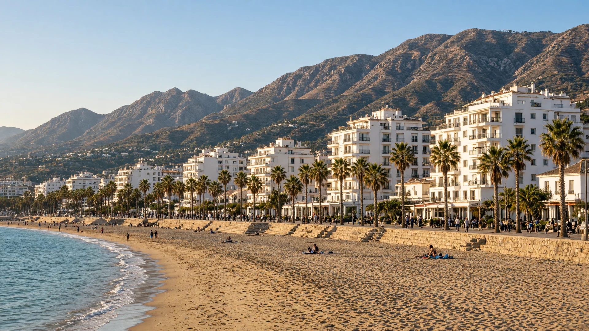 Strand met promenade en palmbomen aan de Costa del Sol