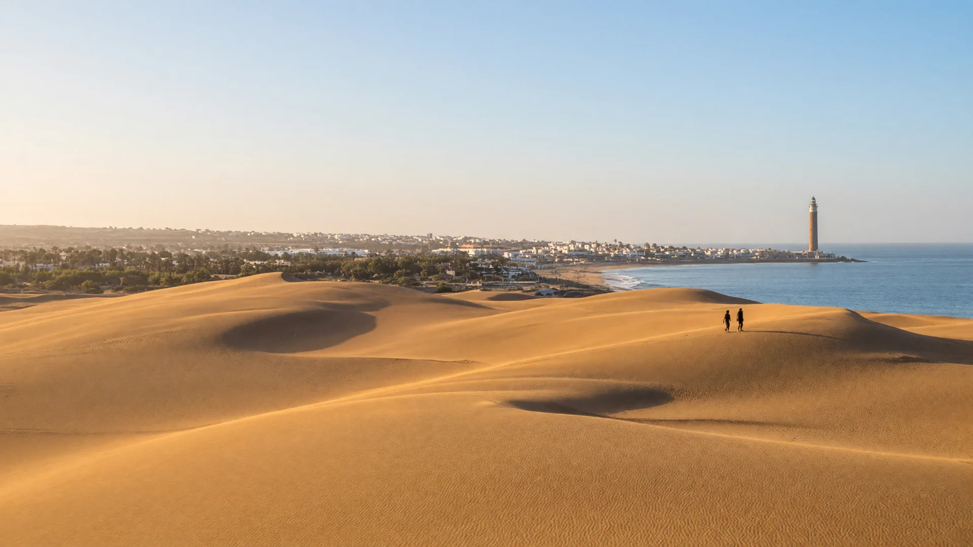 Zandduinen van Maspalomas op Gran Canaria met de vuurtoren en de zee