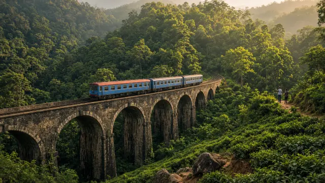 De Nine Arch Bridge bij Ella met een trein in het groen en kleine wandelaars op de helling