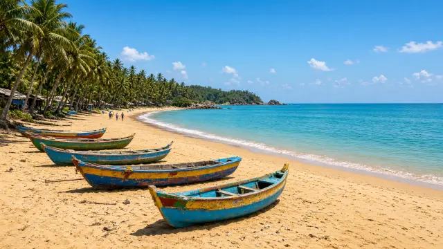 Kleurrijke vissersboten op een palmenstrand bij Trincomalee aan de oostkust