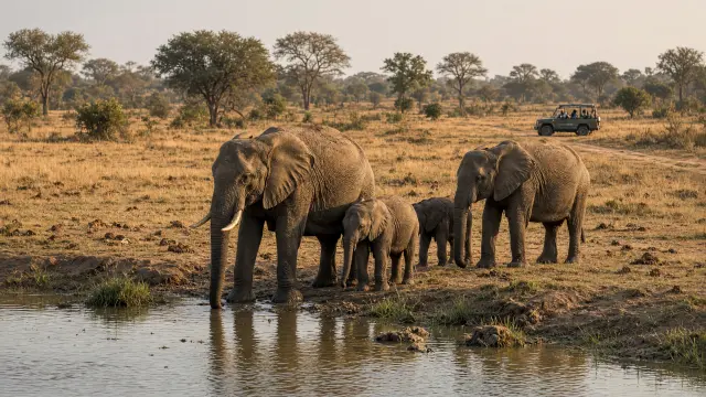 Een familie wilde olifanten met een jong aan een waterplas in Udawalawe, met een kleine safarijeep