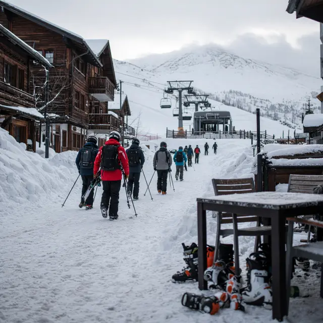 Levendig skidorp St. Anton am Arlberg met gondel, après-skiterrassen en besneeuwde berghellingen op de achtergrond